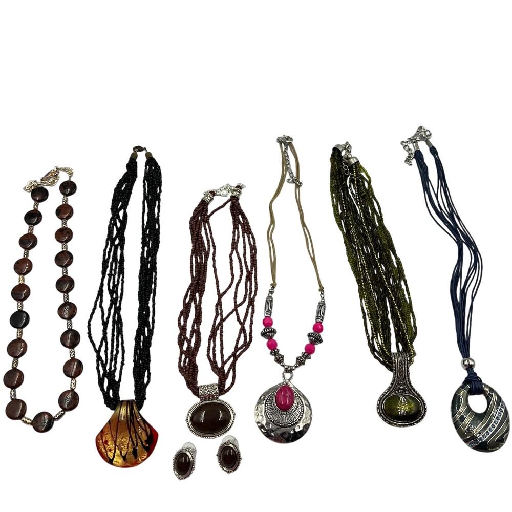 Vintage Lot Beaded Pendant Statement Fashion Necklaces Earrings 6 Pieces